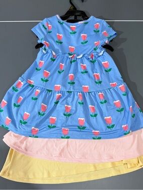 3Pack 3T Blue Floral Tiered Girls' Dress with Pink Tulips, pink and yellow